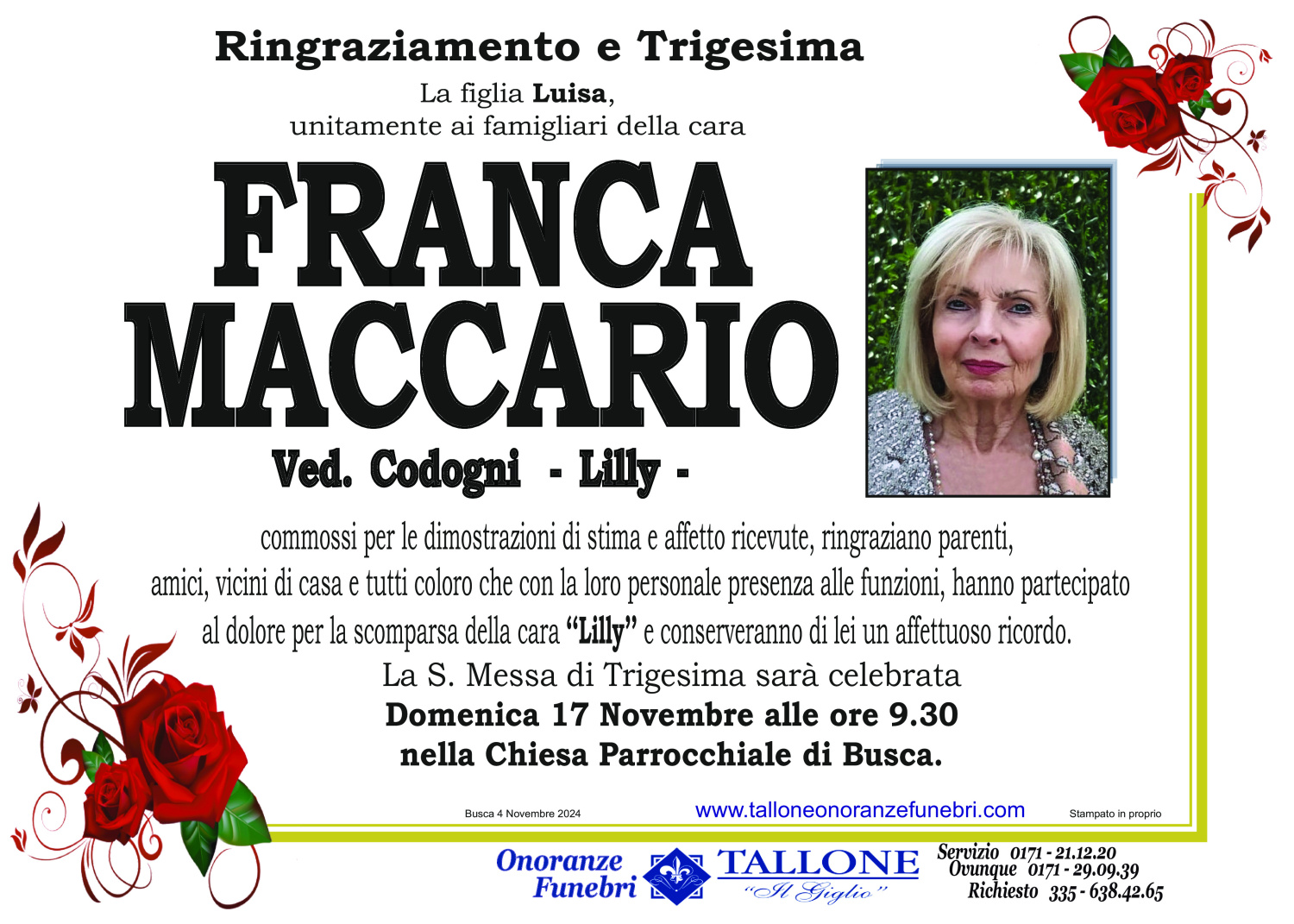 <br />
<b>Warning</b>:  Undefined variable $info in <b>/home/tallone/public_html/ringraziamenti.php</b> on line <b>68</b><br />
Franca Maccario